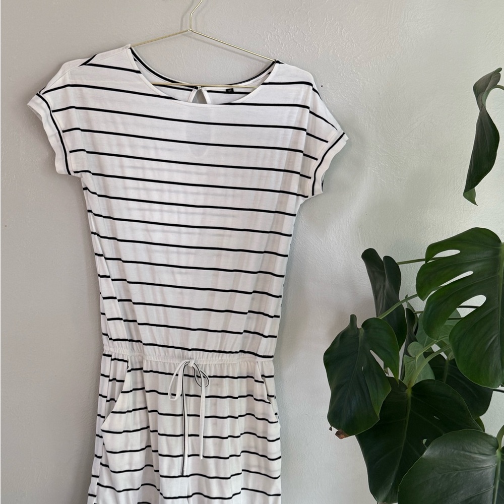 Women's White and Black Striped Drawstring Waist Shorts Romper